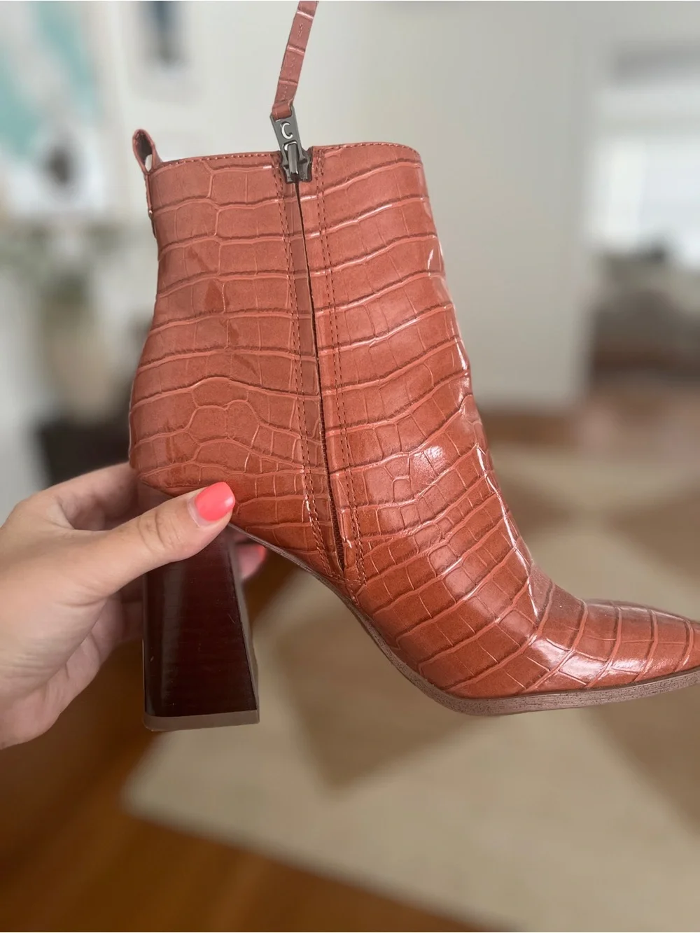 Women's Croc-Embossed Block Heel Ankle Boots - Rust